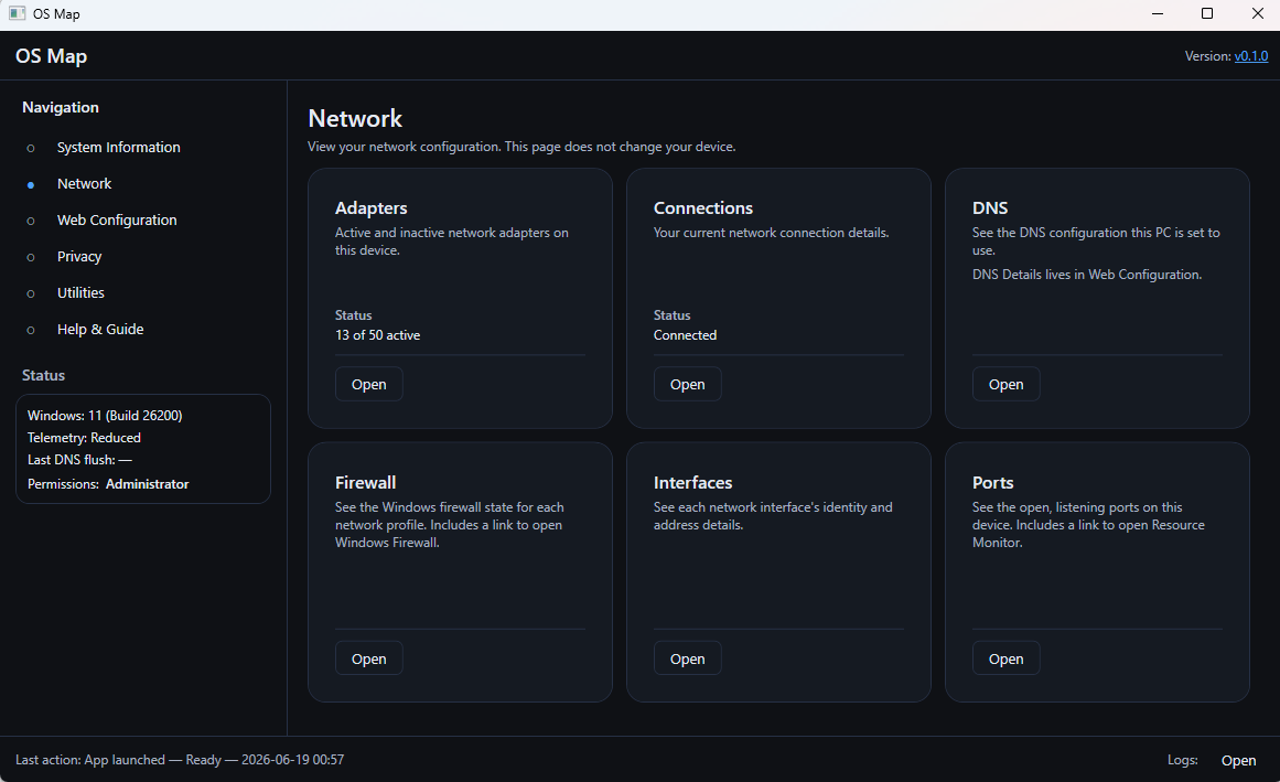 OS Map Network screen with cards for adapters, connections, DNS, firewall, interfaces, and ports.