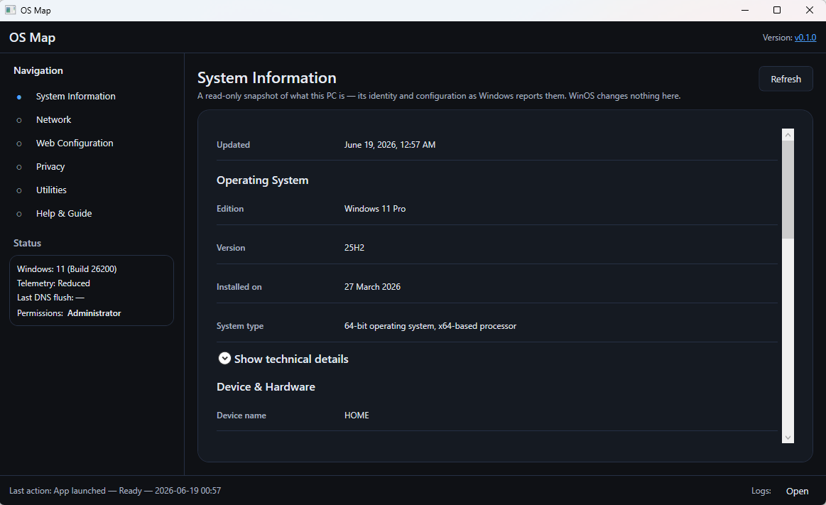 OS Map System Information screen showing a read-only snapshot of the PC's operating system edition, version, install date, and system type.