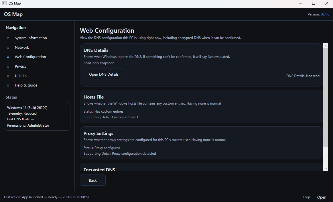 OS Map Web Configuration screen showing DNS details, hosts file status, proxy settings, and encrypted DNS.